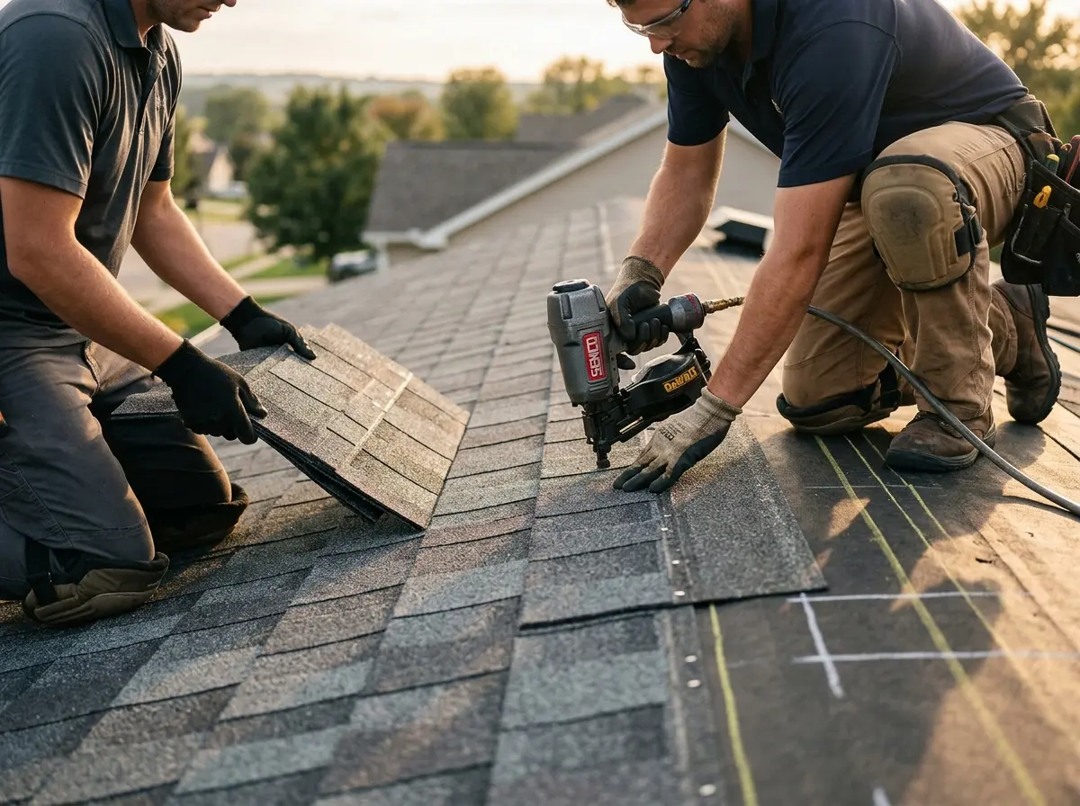 Professional roofer working on a residential roof in Goodyear